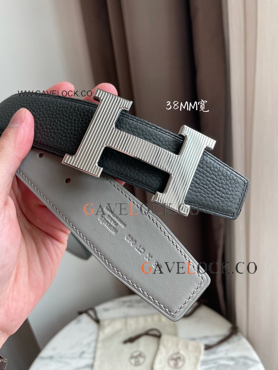 2021 Copy Hermes H Buckle Grey Reversible Leather Strap 38mm